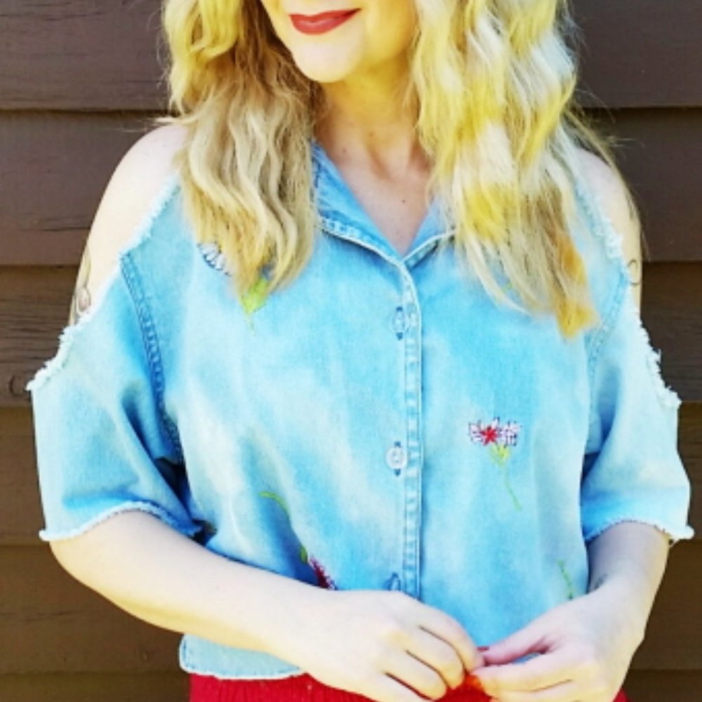 Refashioned Vintage Cold Shoulder Denim Shirt M/L